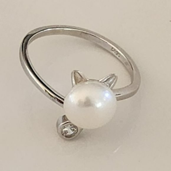 New 925S Silver‎ Real 8mm Cultured Freshwater Pearl Cat Shape Ring - Adjustable - Picture 4 of 15